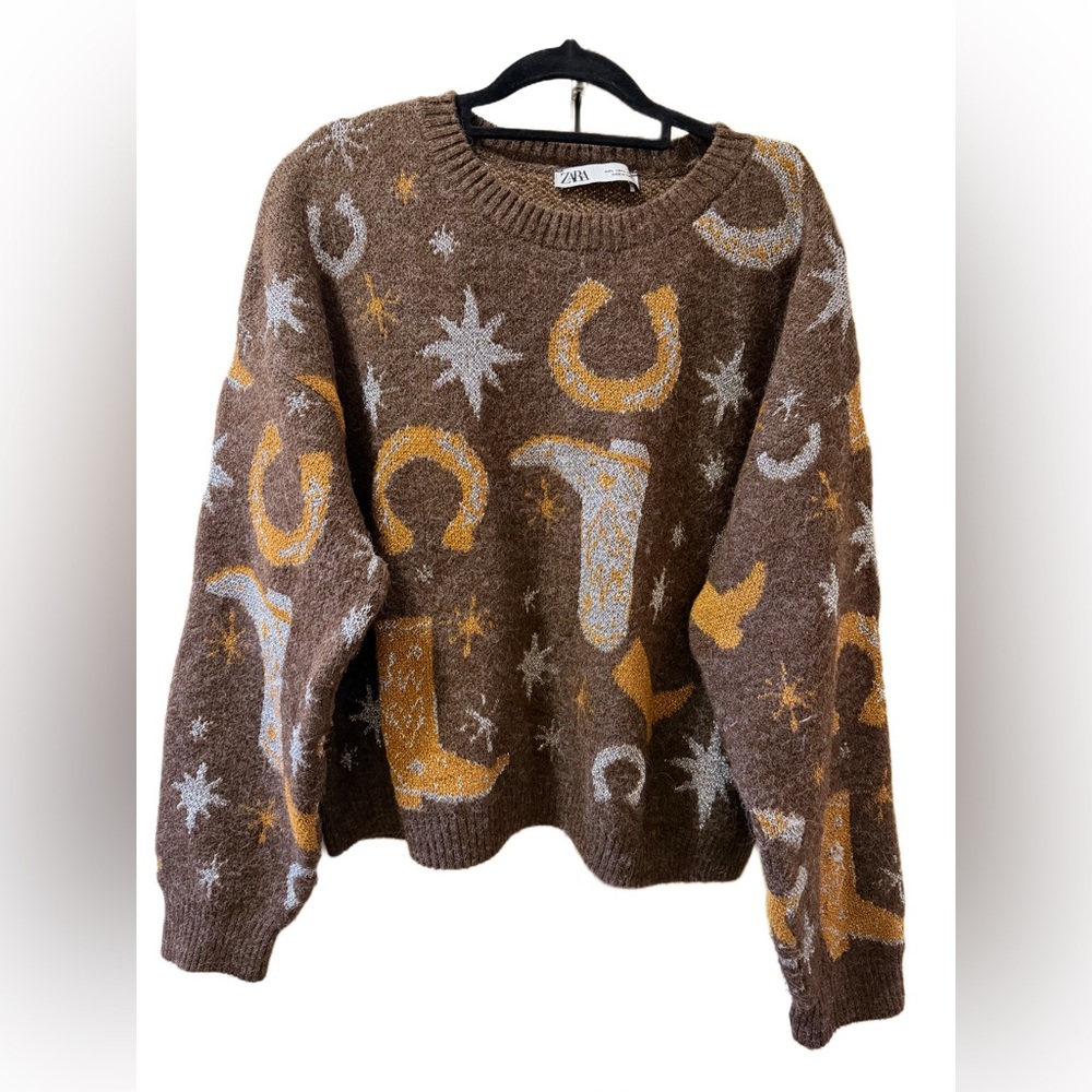 ZARA Brown Western Knit Sweater – Boots & Horseshoes / Metallic Accents - Large